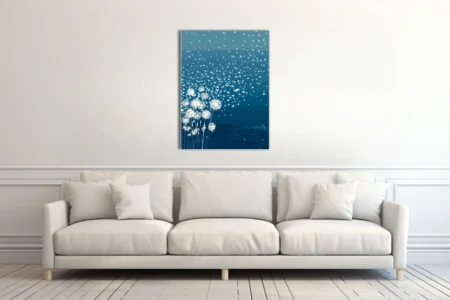 Minimalist teal illustration of dandelion seeds drifting over calm water