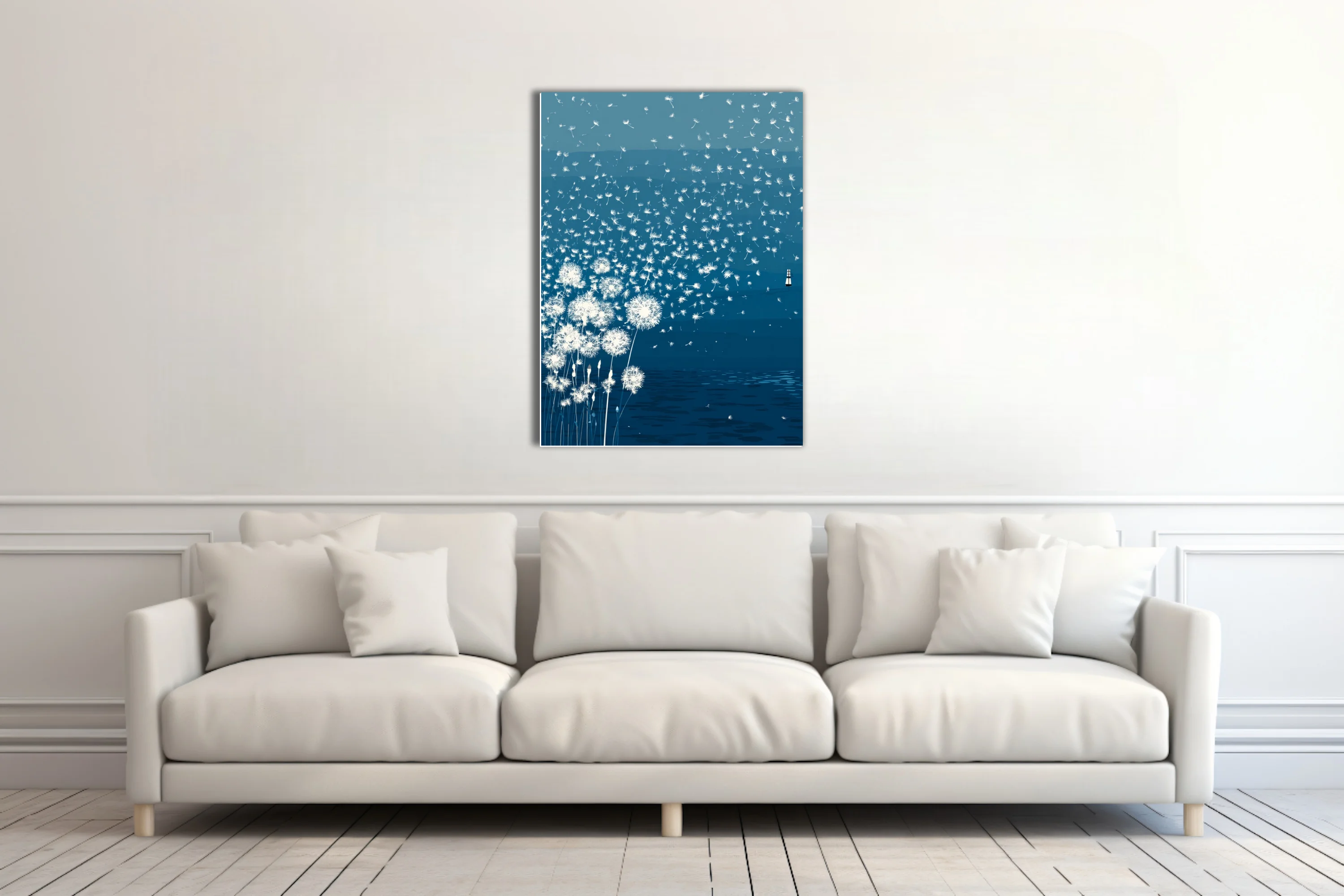 Minimalist teal illustration of dandelion seeds drifting over calm water