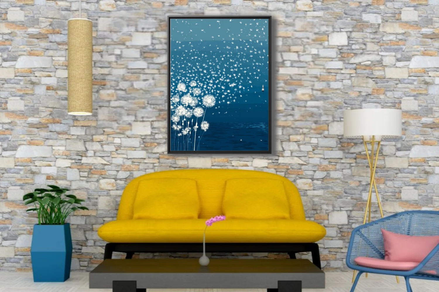 Minimalist teal illustration of dandelion seeds drifting over calm water