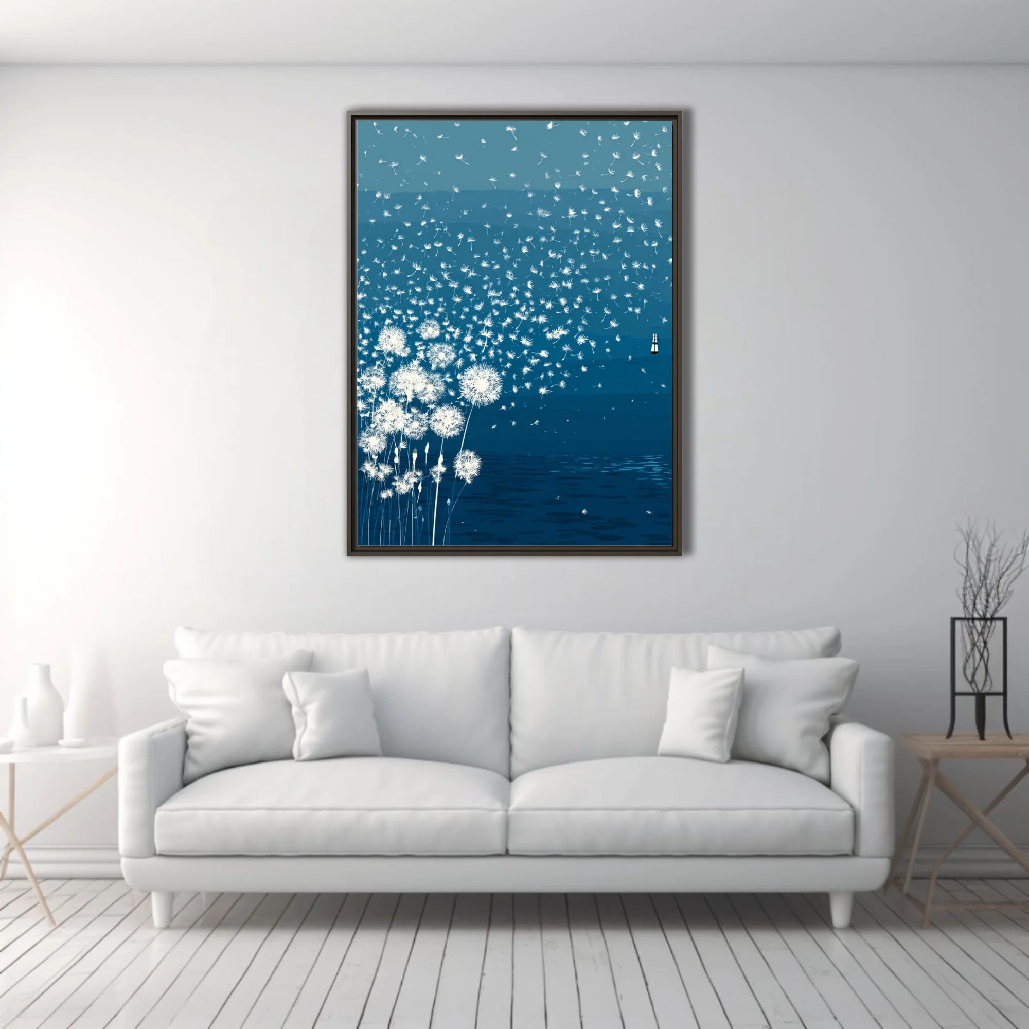 Minimalist teal illustration of dandelion seeds drifting over calm water