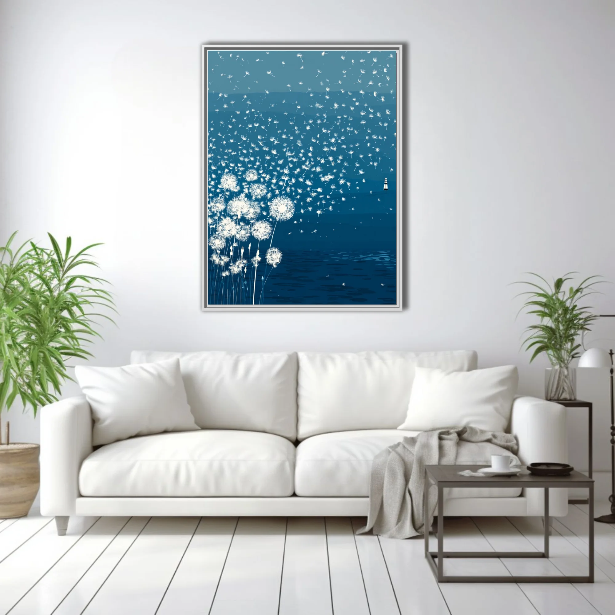 Minimalist teal illustration of dandelion seeds drifting over calm water