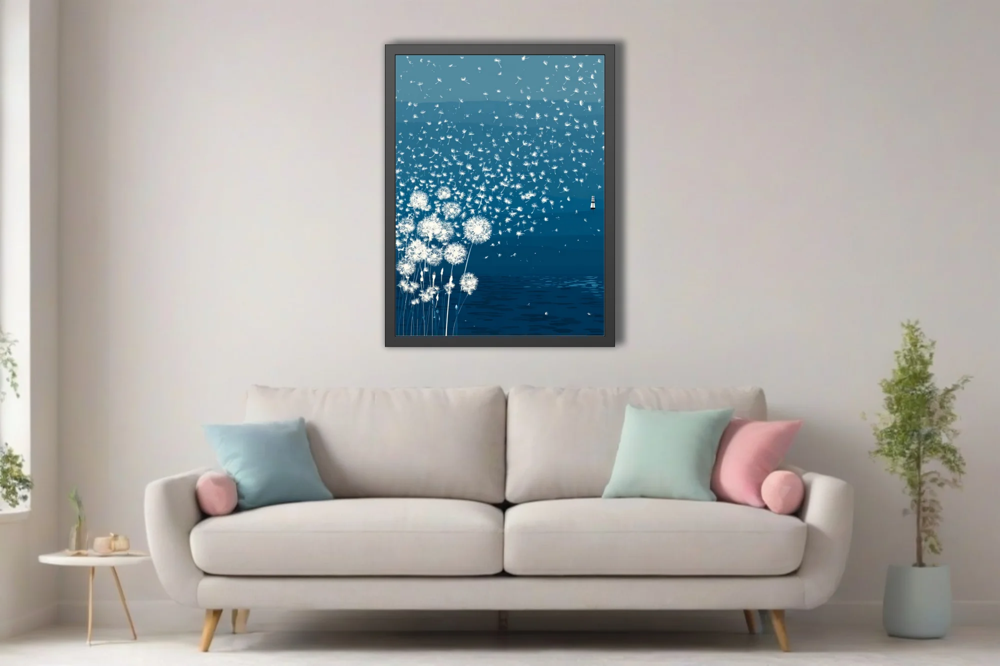 Minimalist teal illustration of dandelion seeds drifting over calm water