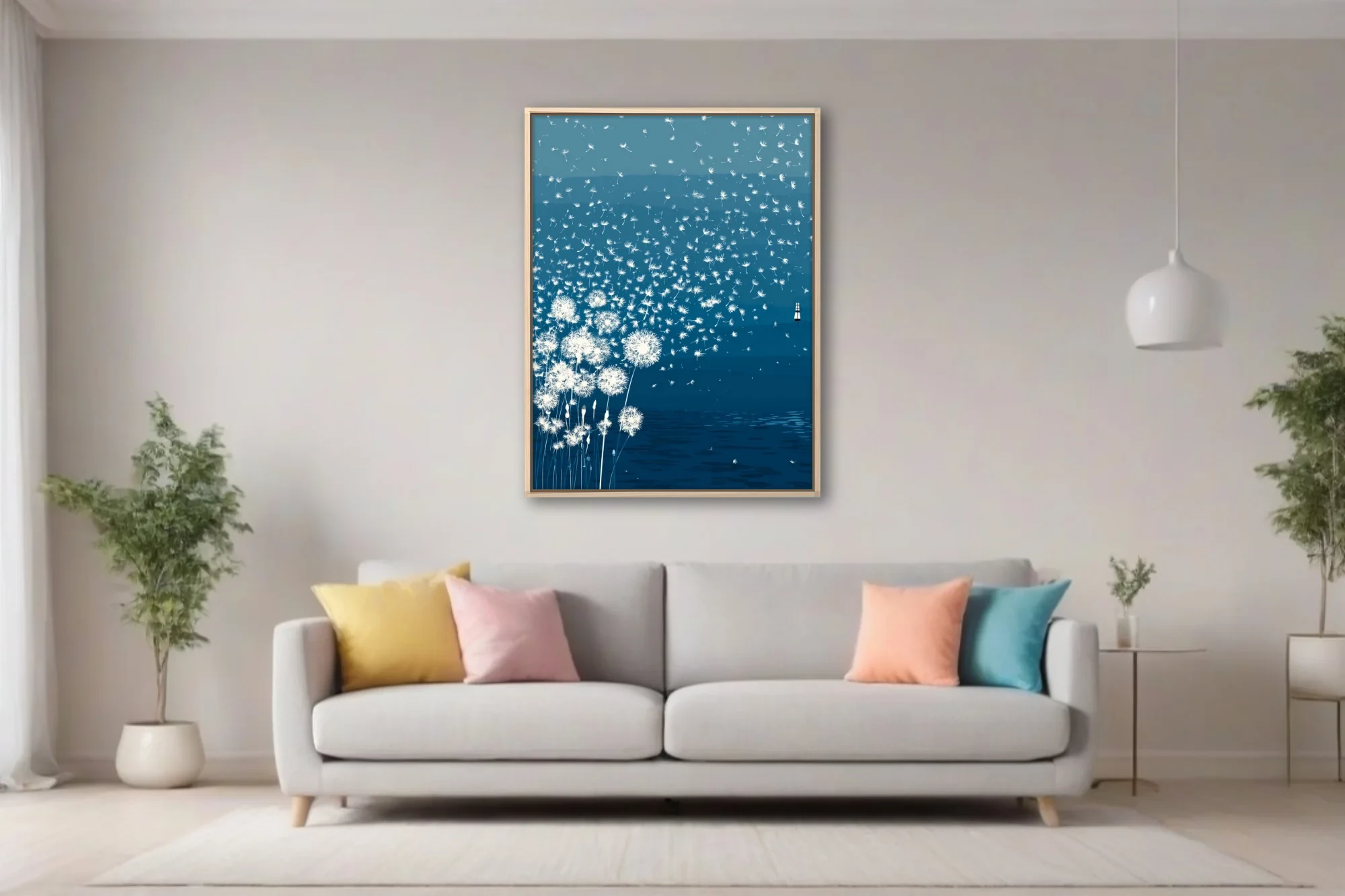 Minimalist teal illustration of dandelion seeds drifting over calm water
