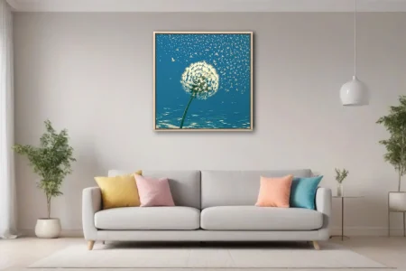 Flat-graphic dandelion clock with seeds drifting on deep teal blue background