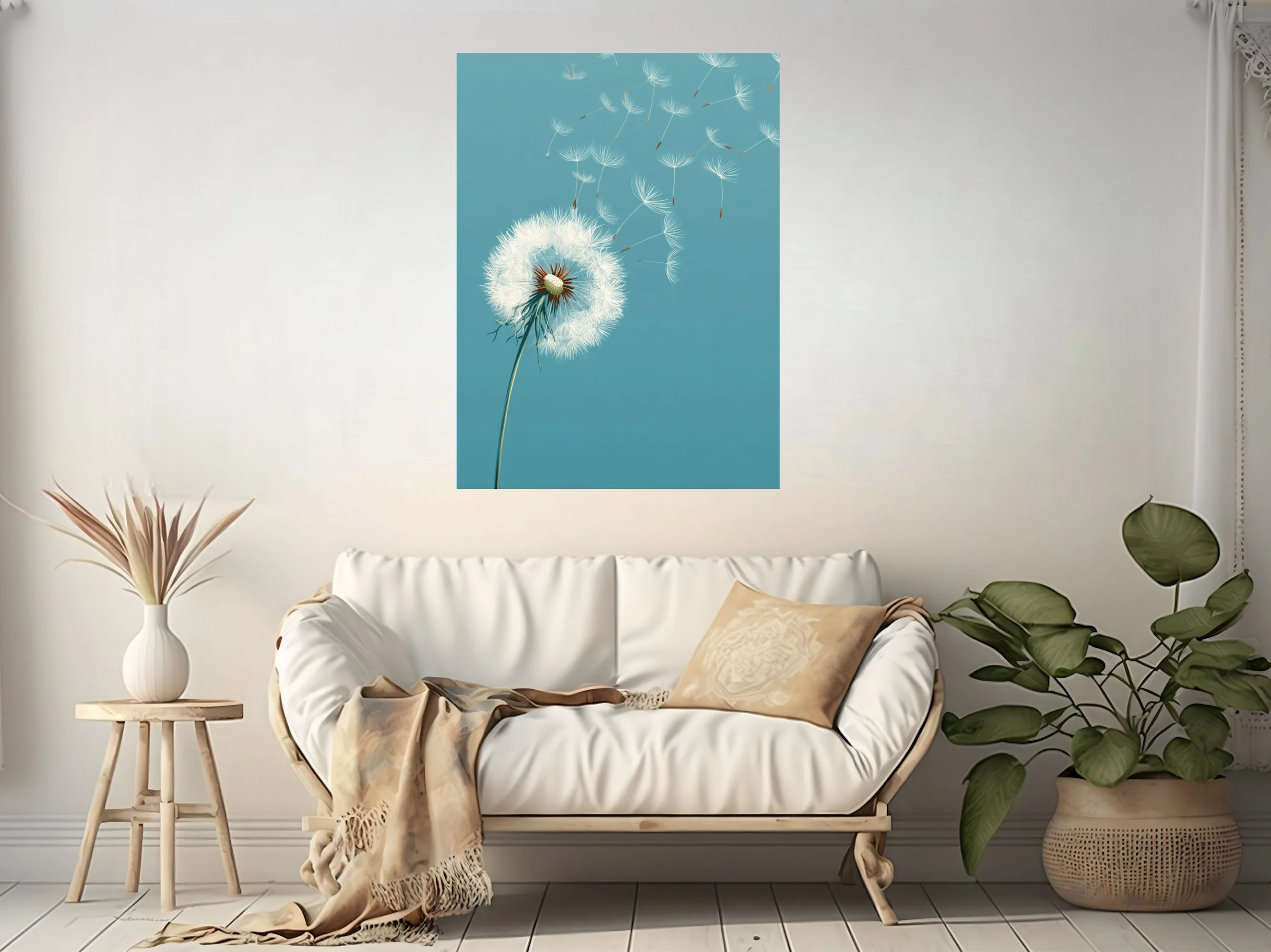 Minimalist teal botanical illustration of dandelion seeds drifting in the wind