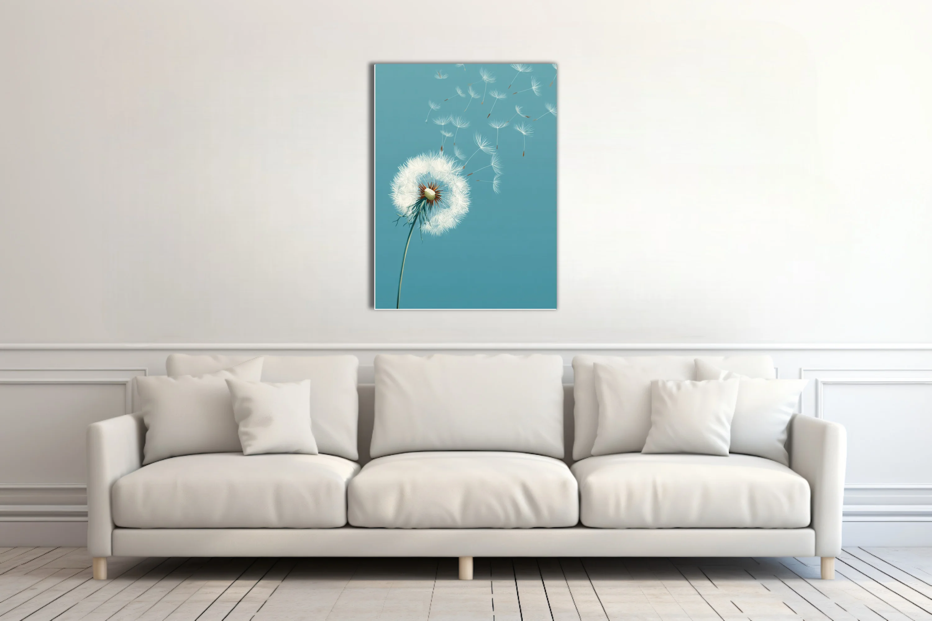 Minimalist teal botanical illustration of dandelion seeds drifting in the wind