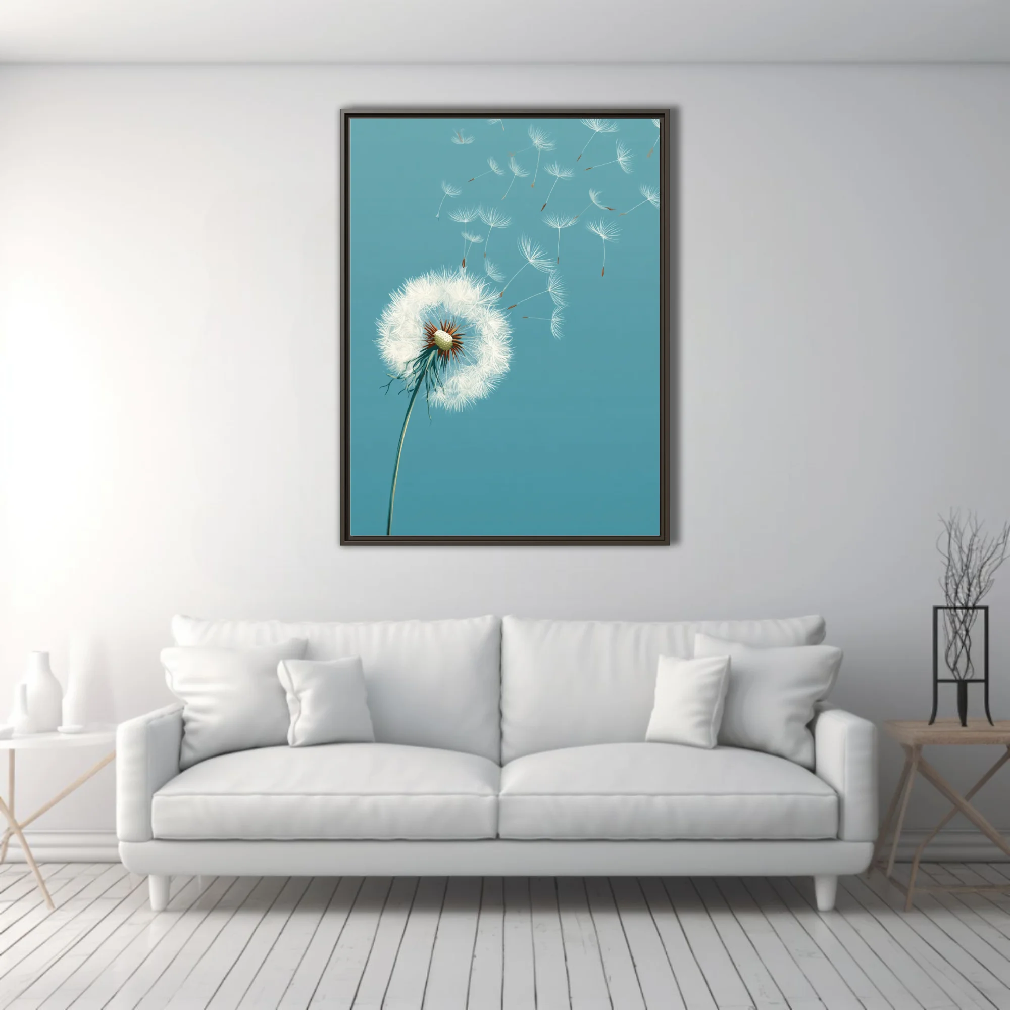 Minimalist teal botanical illustration of dandelion seeds drifting in the wind