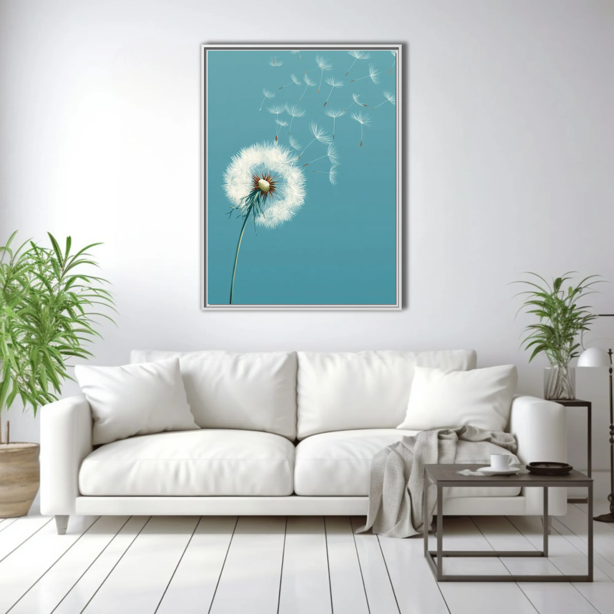 Minimalist teal botanical illustration of dandelion seeds drifting in the wind