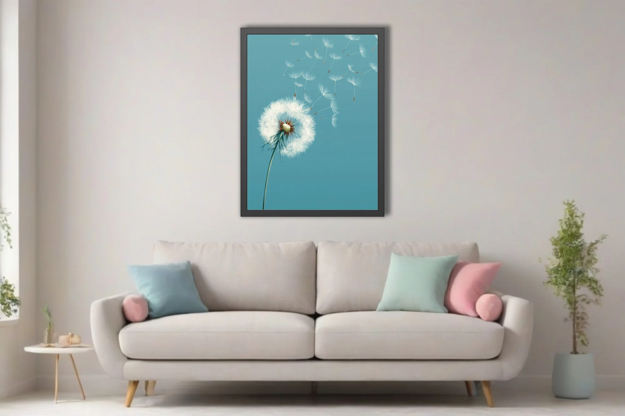 Minimalist teal botanical illustration of dandelion seeds drifting in the wind