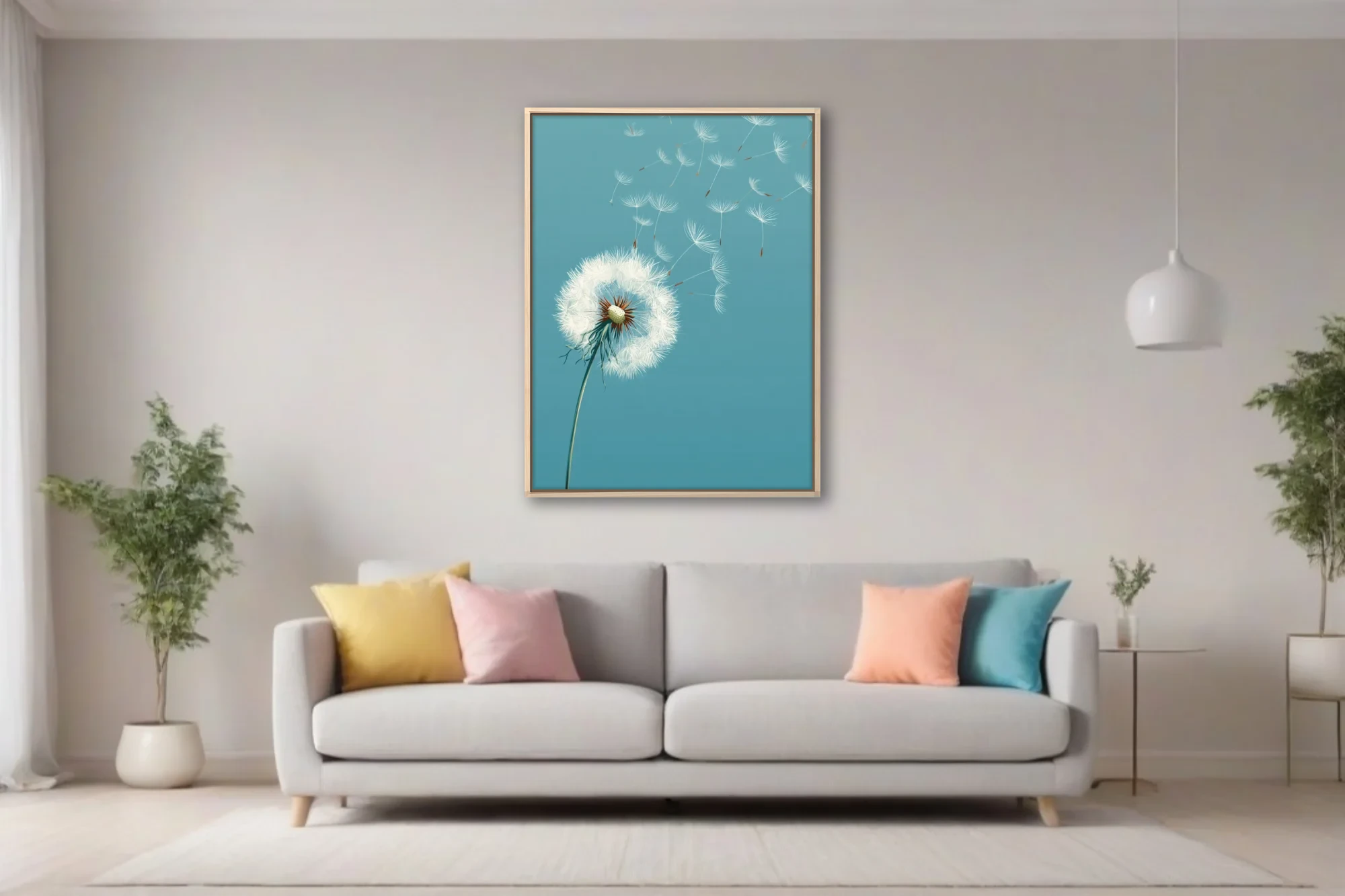 Minimalist teal botanical illustration of dandelion seeds drifting in the wind