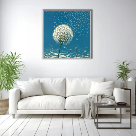 Graphic-style dandelion seed heads dispersing against vivid teal-blue sky