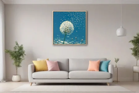 Graphic-style dandelion seed heads dispersing against vivid teal-blue sky