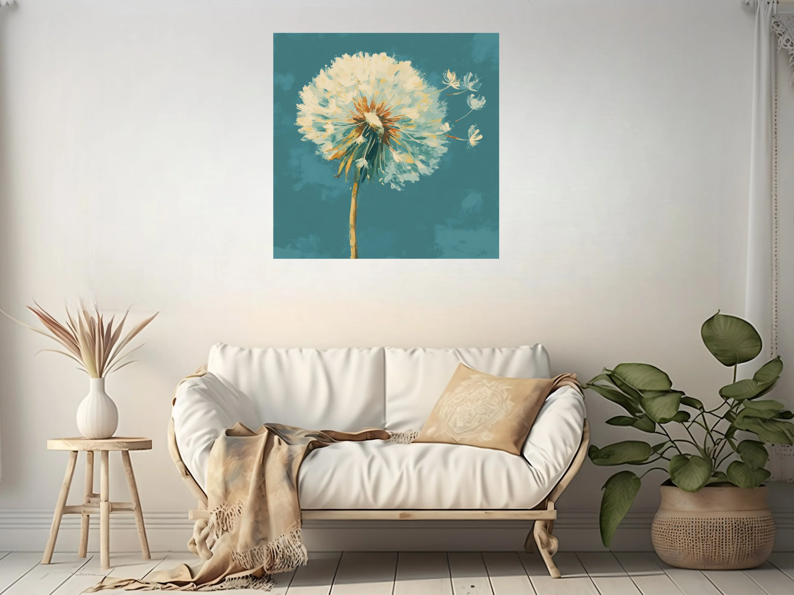 Painterly dandelion seedhead in cream and ochre on teal, with drifting seeds in expressive strokes