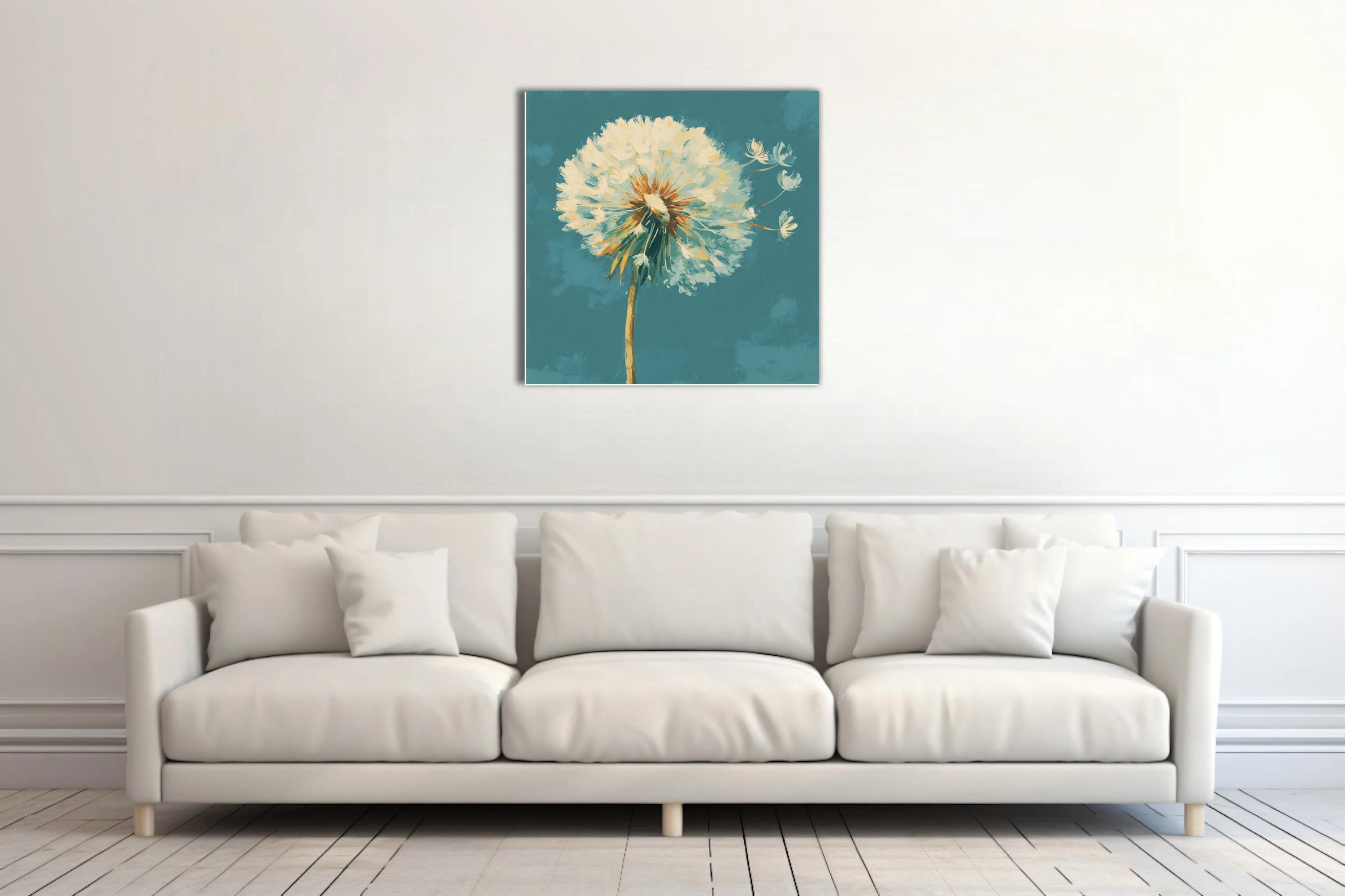 Painterly dandelion seedhead in cream and ochre on teal, with drifting seeds in expressive strokes