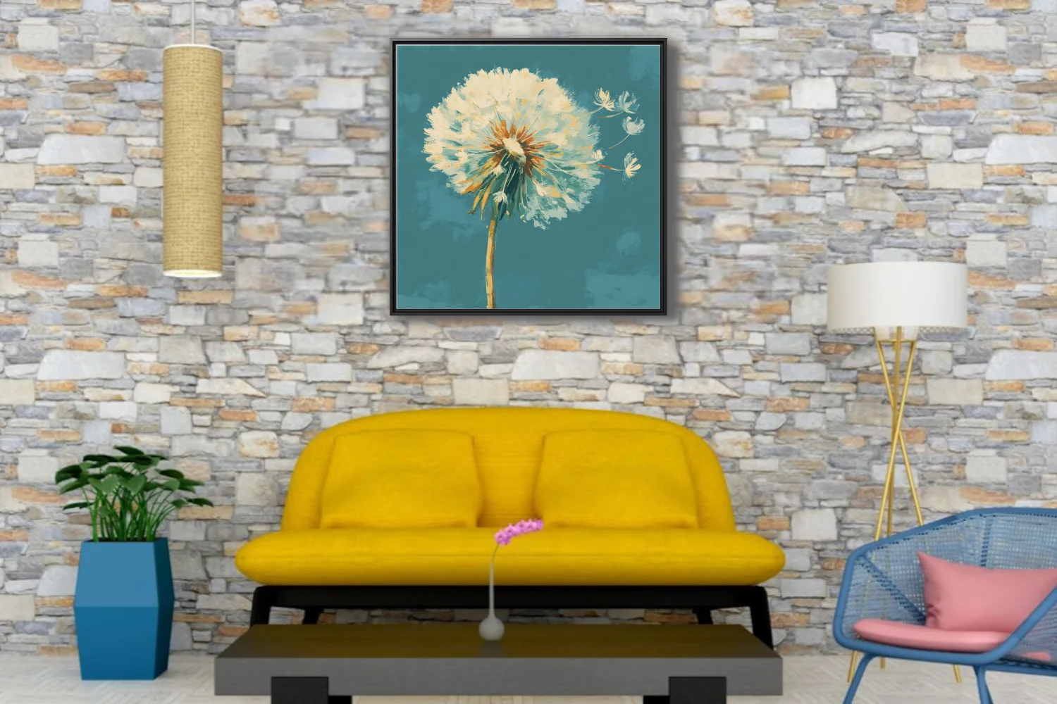 Painterly dandelion seedhead in cream and ochre on teal, with drifting seeds in expressive strokes