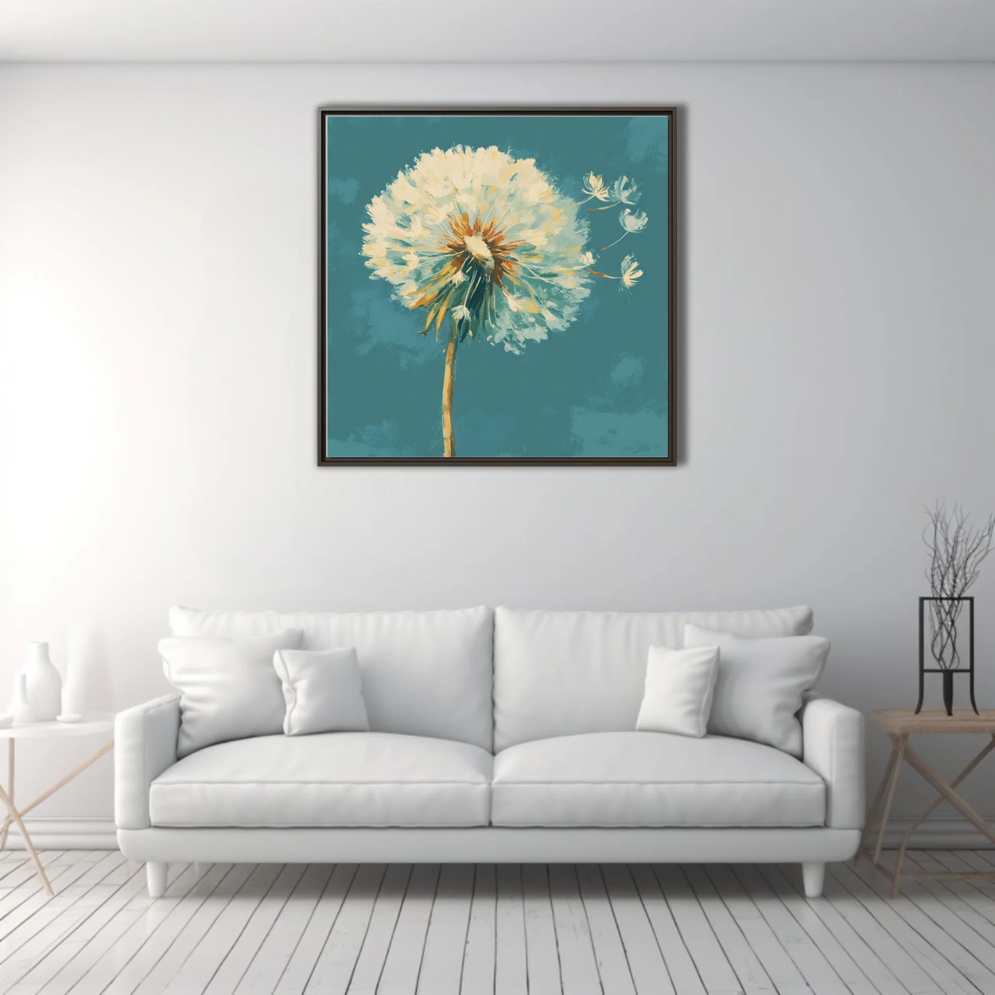 Painterly dandelion seedhead in cream and ochre on teal, with drifting seeds in expressive strokes