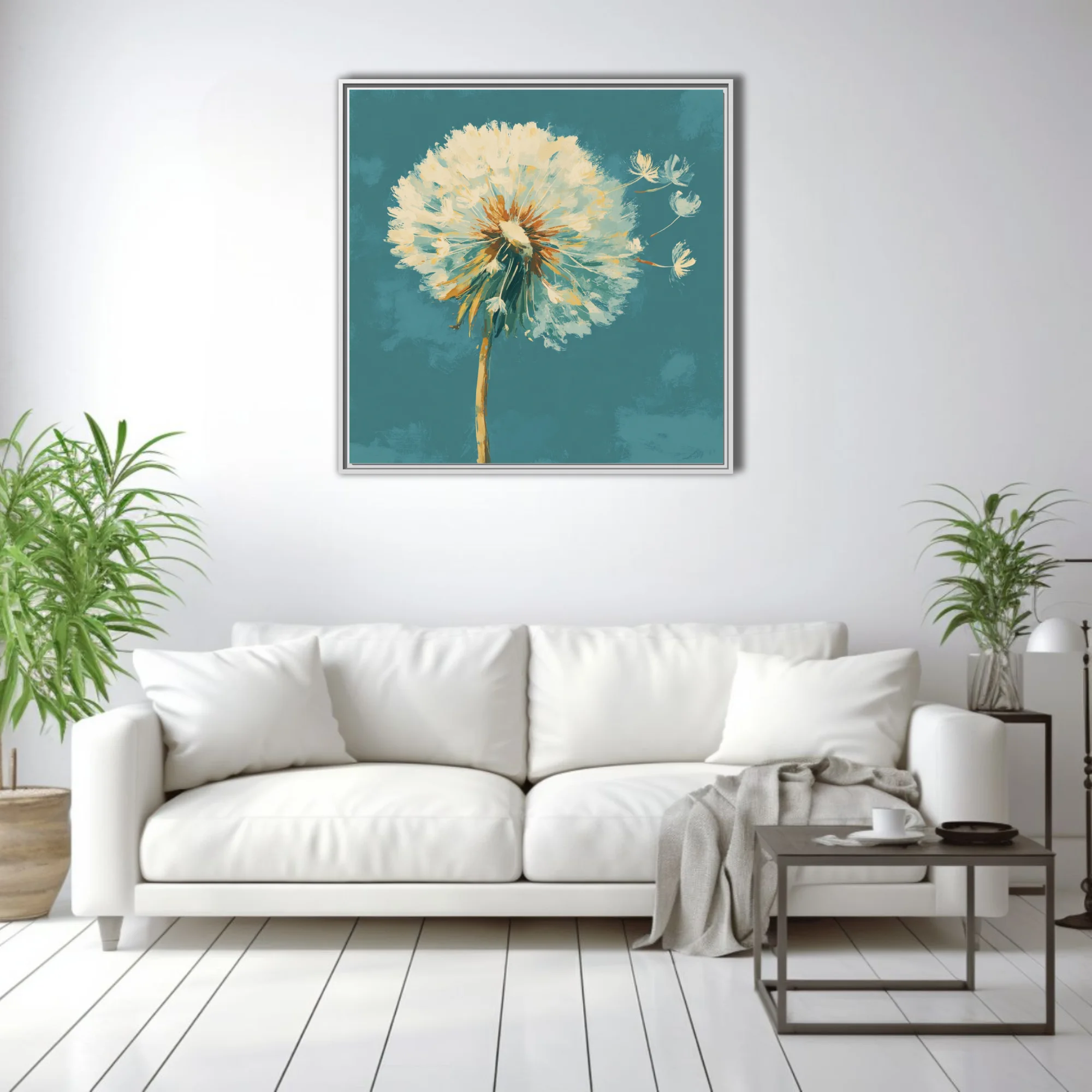 Painterly dandelion seedhead in cream and ochre on teal, with drifting seeds in expressive strokes