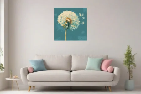 Painterly dandelion seedhead in cream and ochre on teal, with drifting seeds in expressive strokes