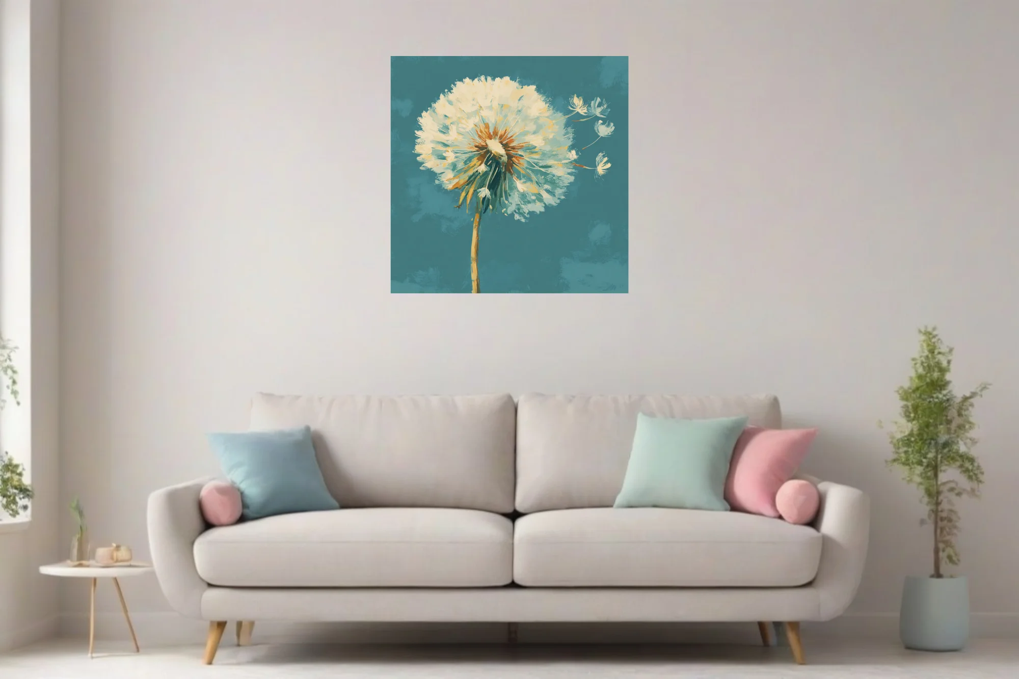 Painterly dandelion seedhead in cream and ochre on teal, with drifting seeds in expressive strokes