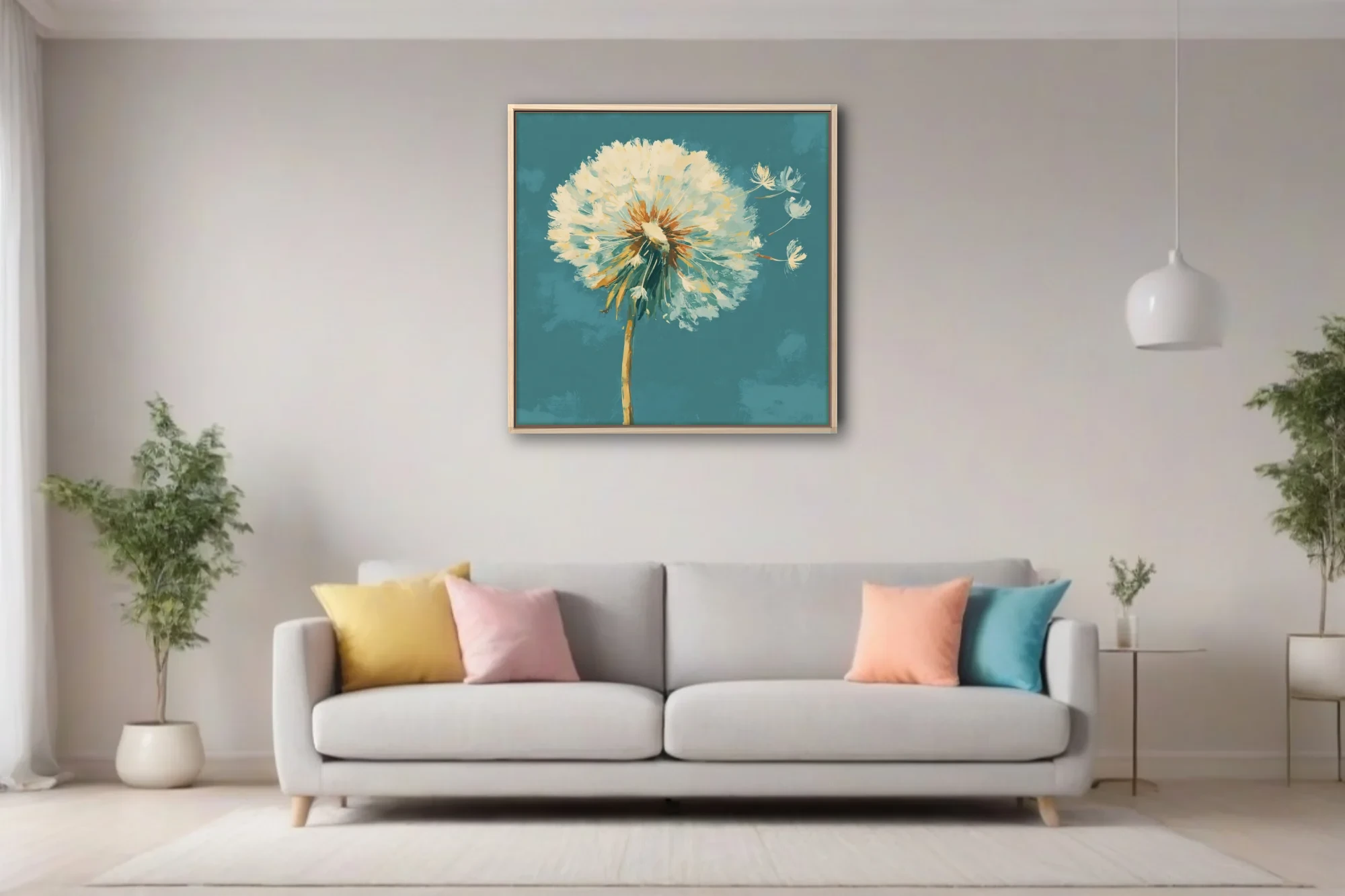 Painterly dandelion seedhead in cream and ochre on teal, with drifting seeds in expressive strokes