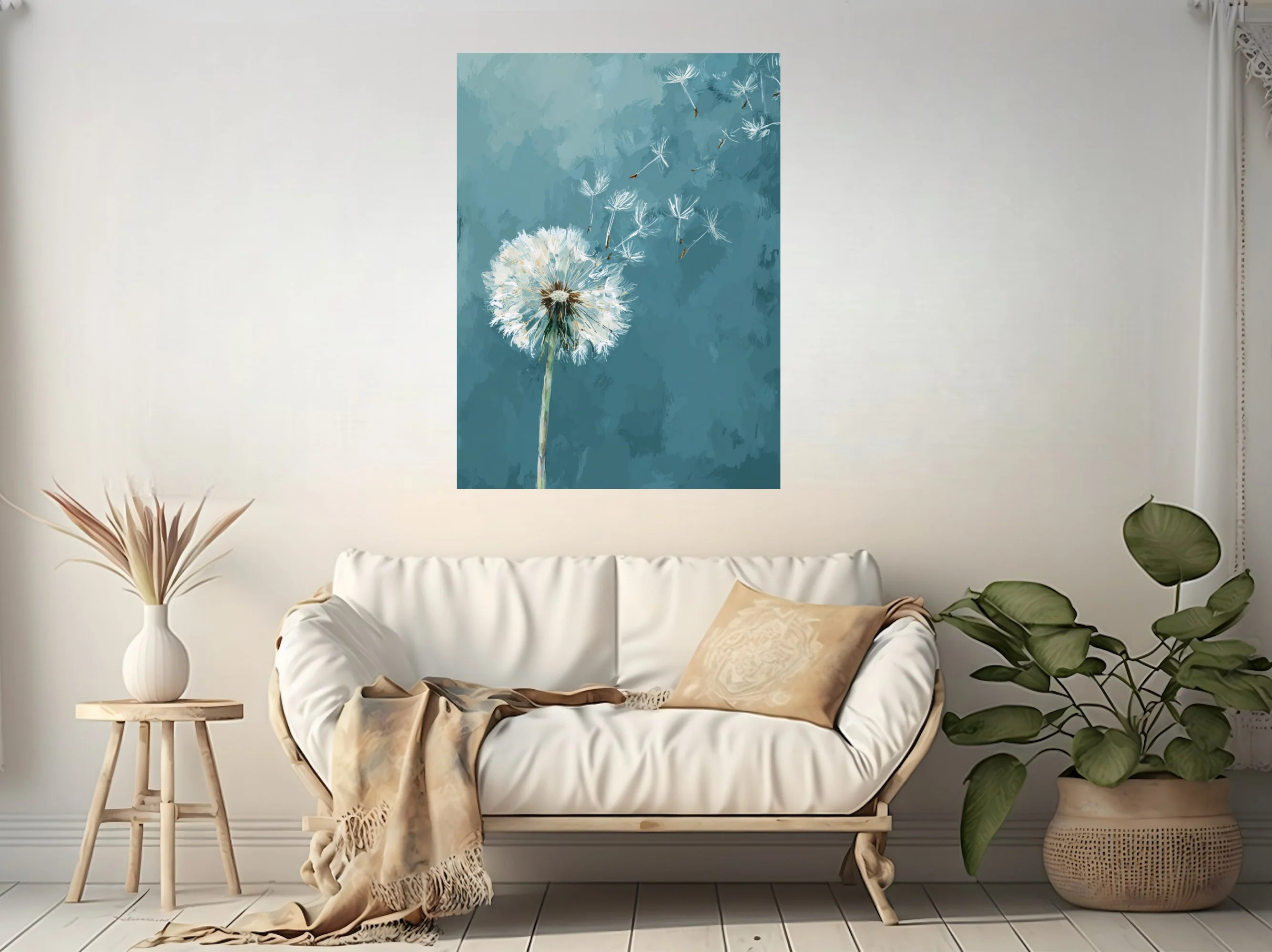 Painterly dandelion seeds drifting on teal blue background, contemporary botanical wall art