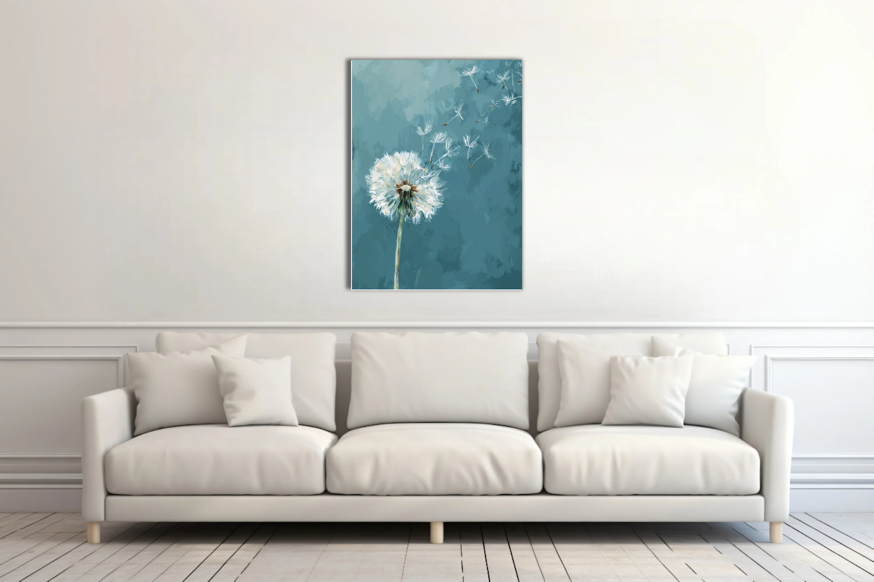 Painterly dandelion seeds drifting on teal blue background, contemporary botanical wall art