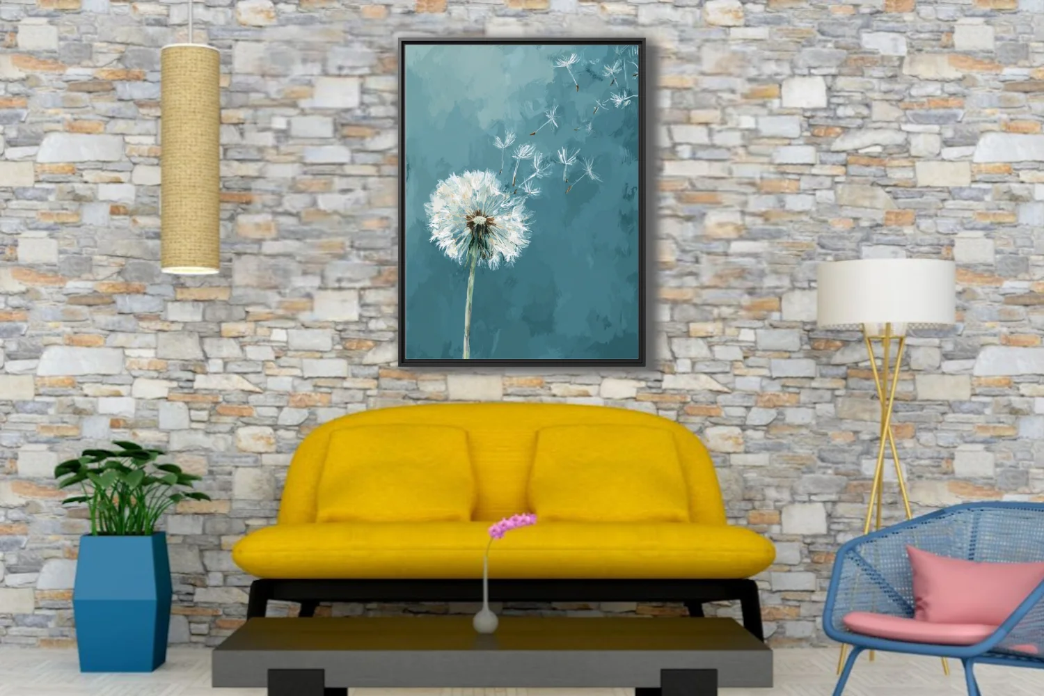 Painterly dandelion seeds drifting on teal blue background, contemporary botanical wall art