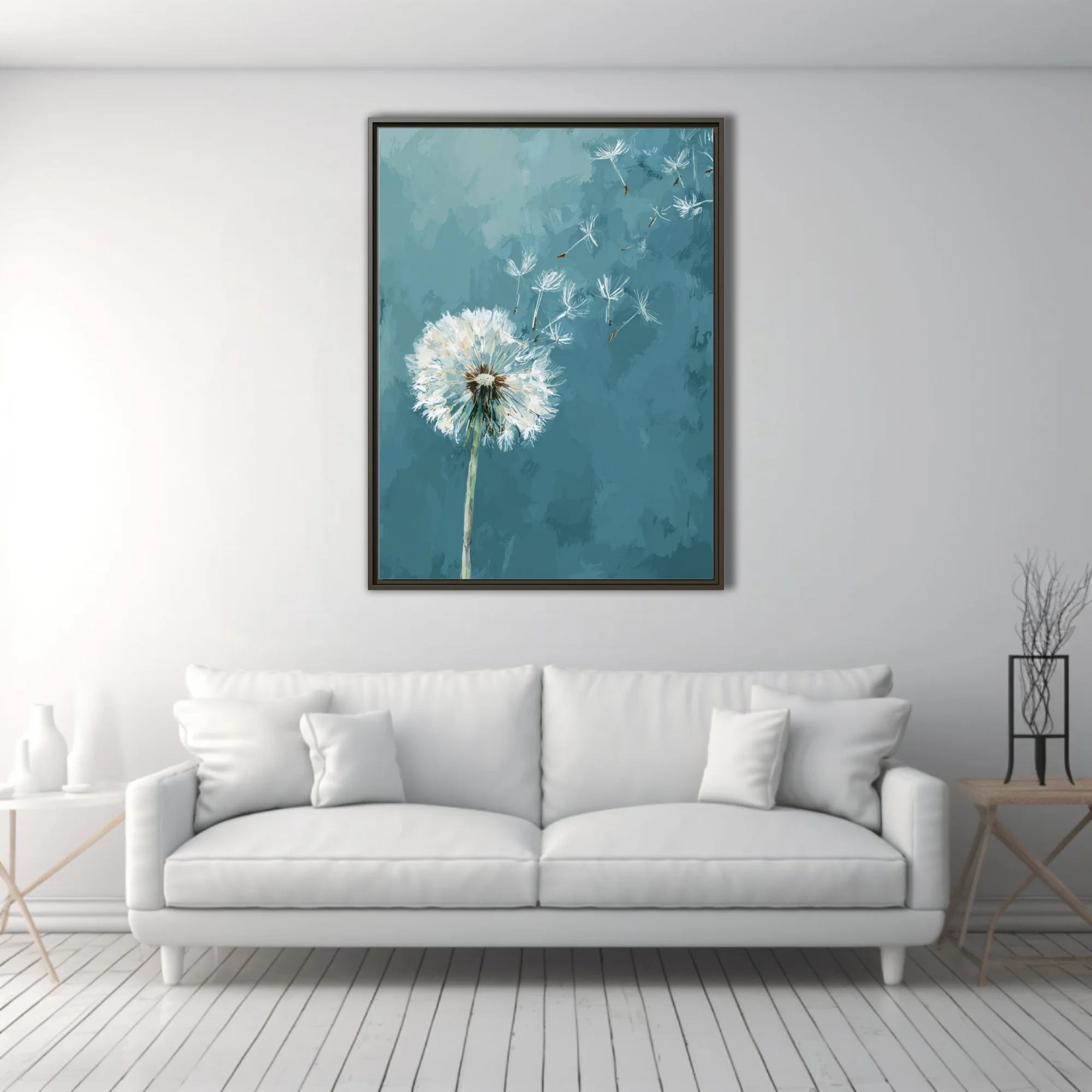 Painterly dandelion seeds drifting on teal blue background, contemporary botanical wall art