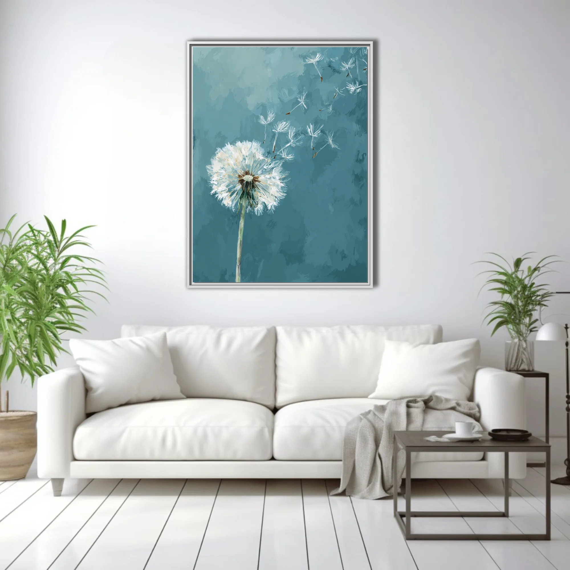 Painterly dandelion seeds drifting on teal blue background, contemporary botanical wall art