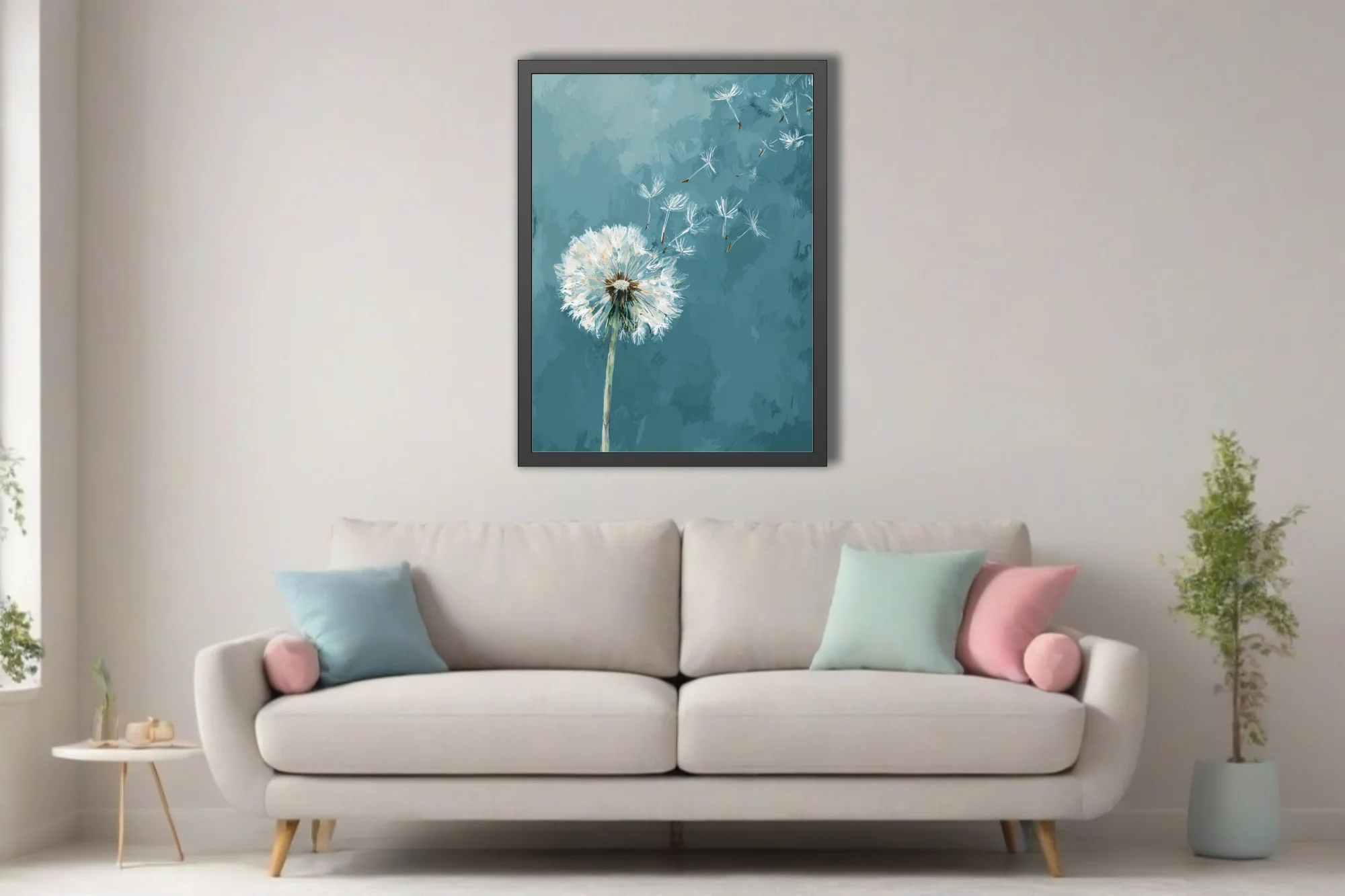 Painterly dandelion seeds drifting on teal blue background, contemporary botanical wall art
