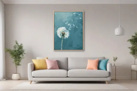 Painterly dandelion seeds drifting on teal blue background, contemporary botanical wall art