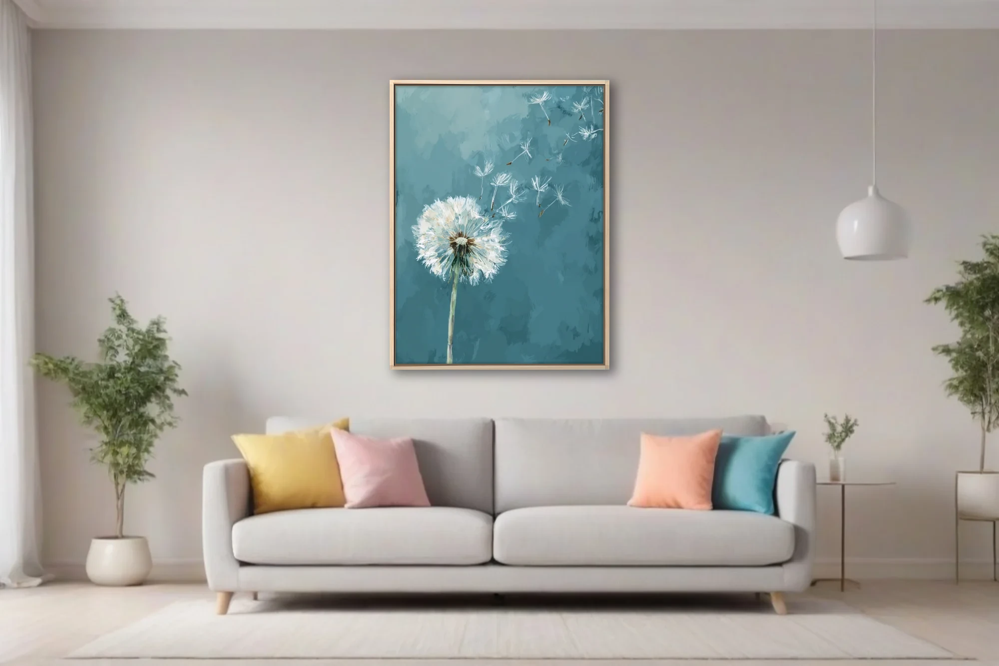 Painterly dandelion seeds drifting on teal blue background, contemporary botanical wall art