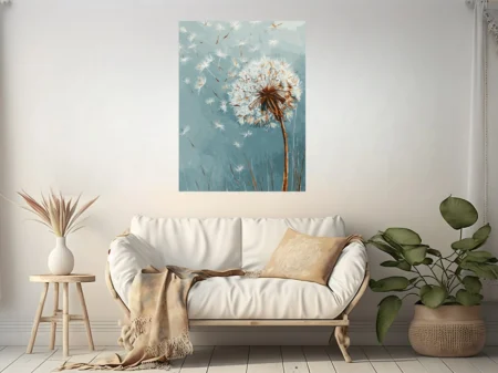 Painterly dandelion seeds scattering in the wind, blue-grey and warm ochre tones
