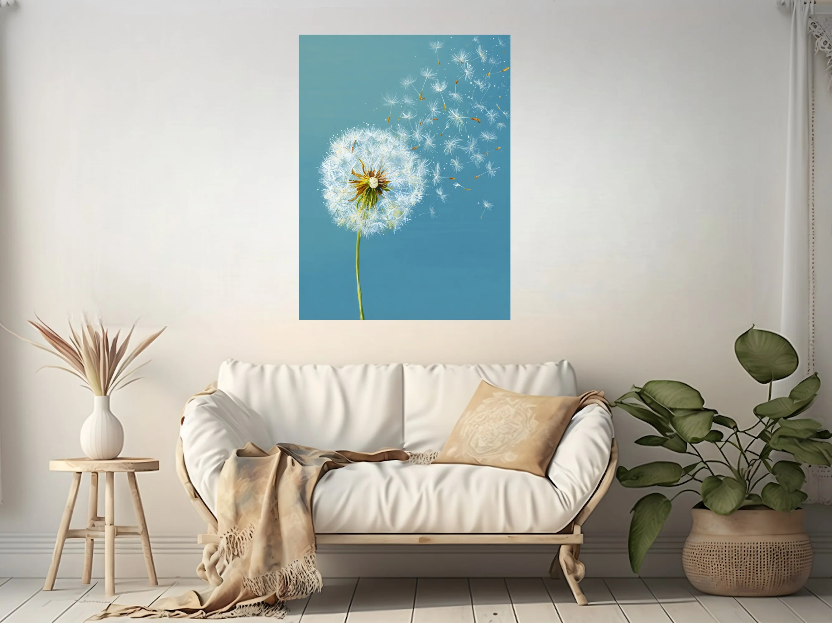 Dandelion seedhead with seeds drifting on teal background, botanical wall art