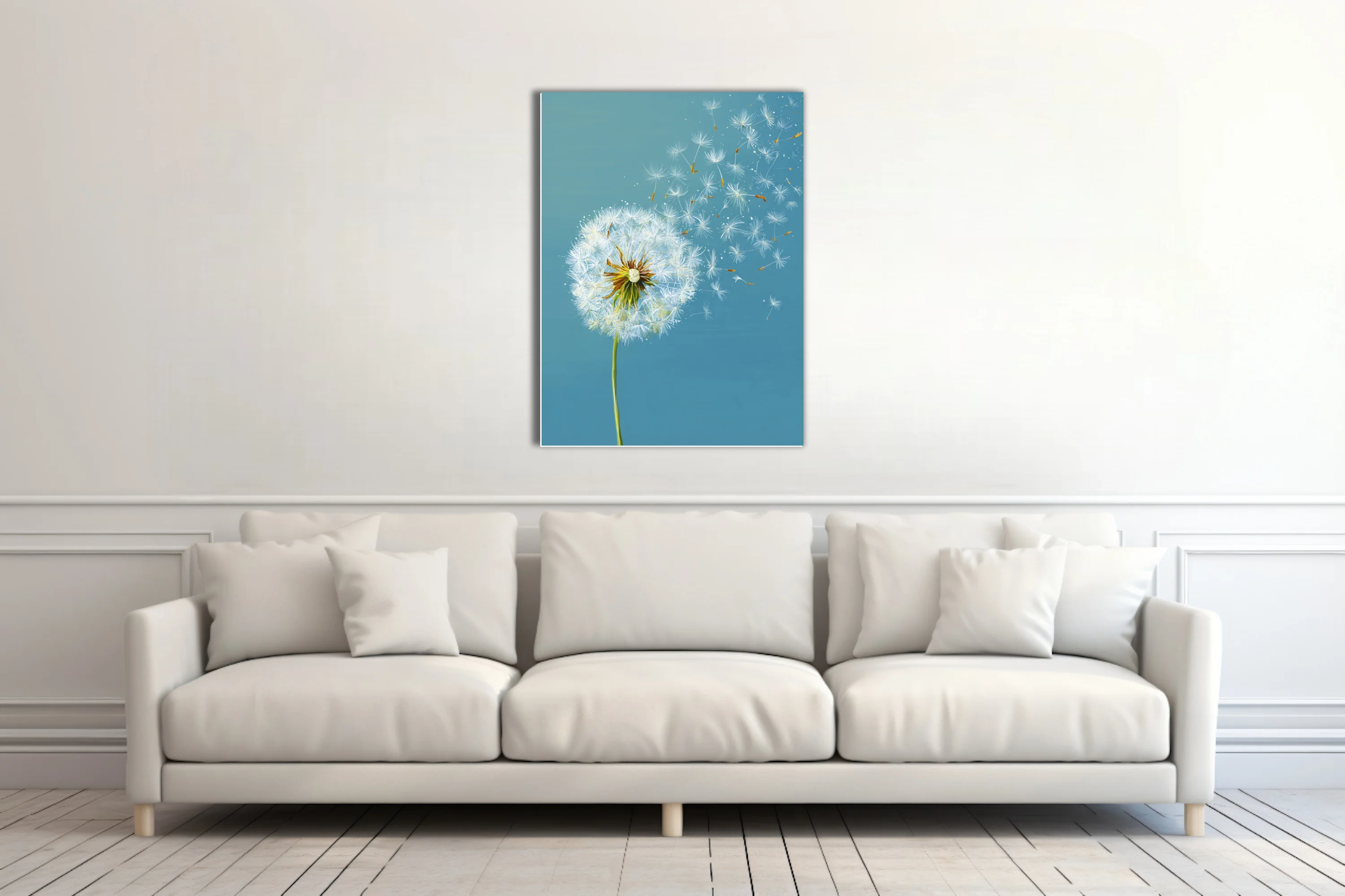 Dandelion seedhead with seeds drifting on teal background, botanical wall art