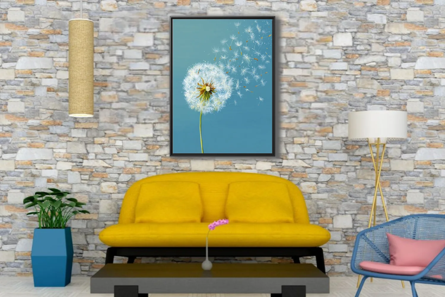 Dandelion seedhead with seeds drifting on teal background, botanical wall art