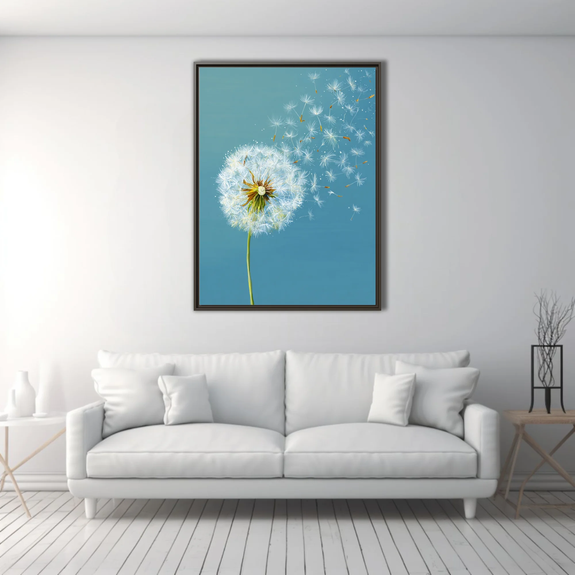 Dandelion seedhead with seeds drifting on teal background, botanical wall art