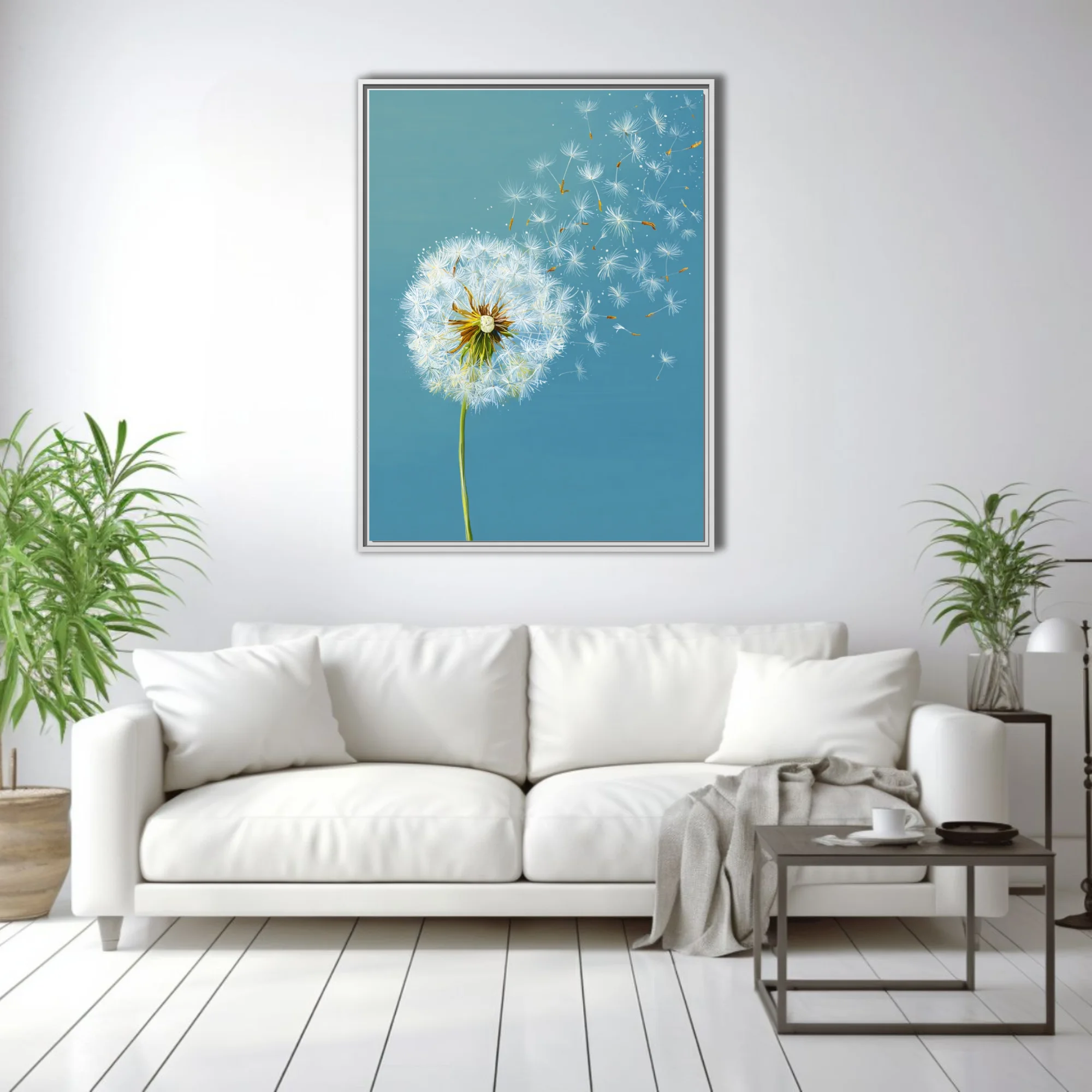 Dandelion seedhead with seeds drifting on teal background, botanical wall art