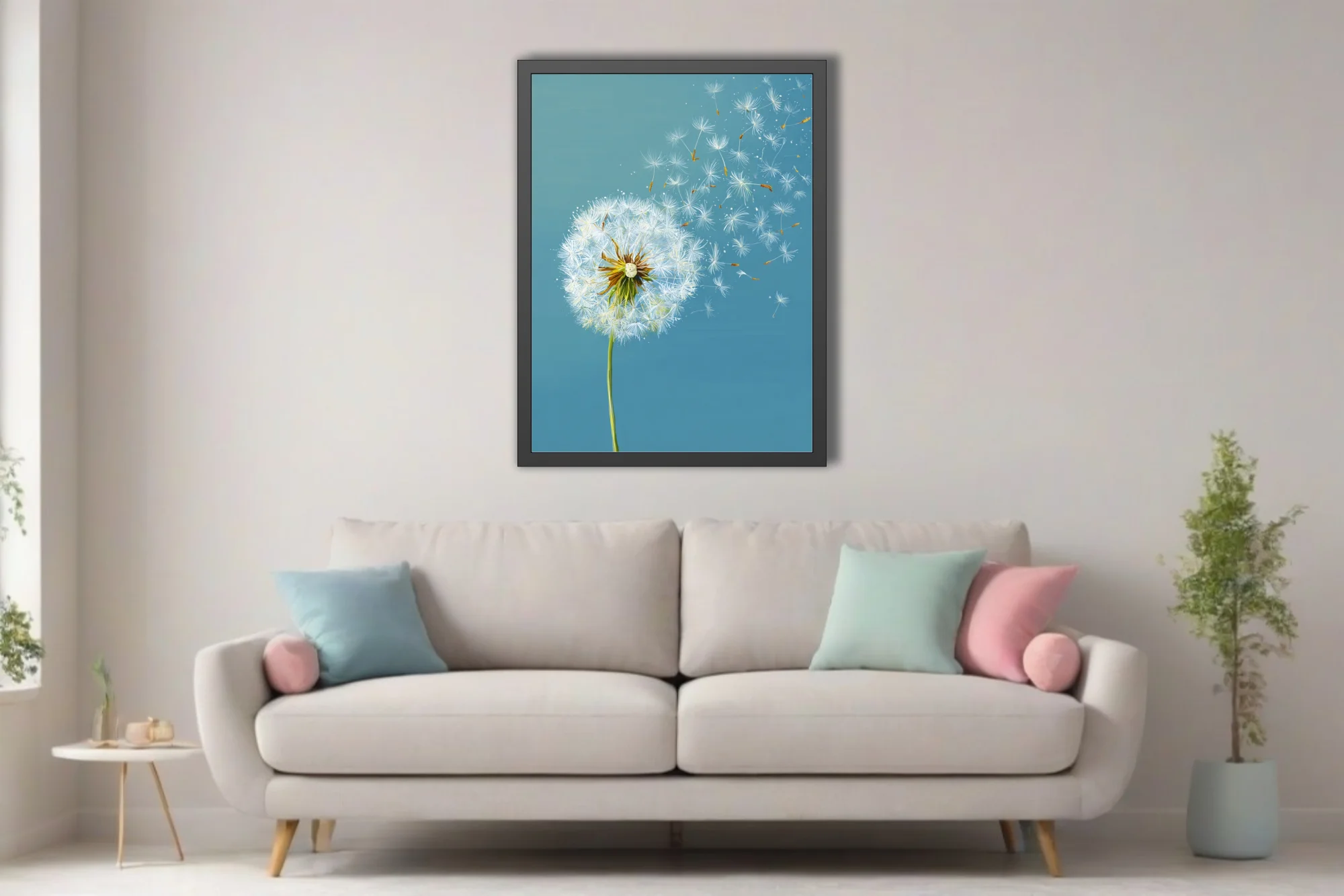 Dandelion seedhead with seeds drifting on teal background, botanical wall art
