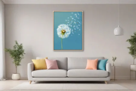 Dandelion seedhead with seeds drifting on teal background, botanical wall art