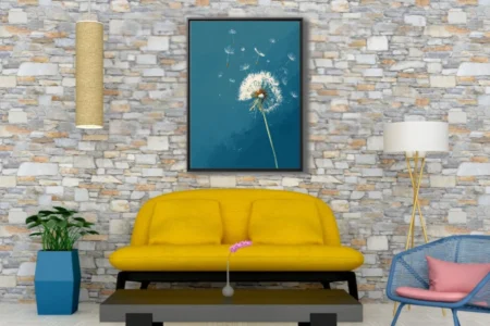 Minimalist dandelion seeds floating on teal blue background, graphic botanical art