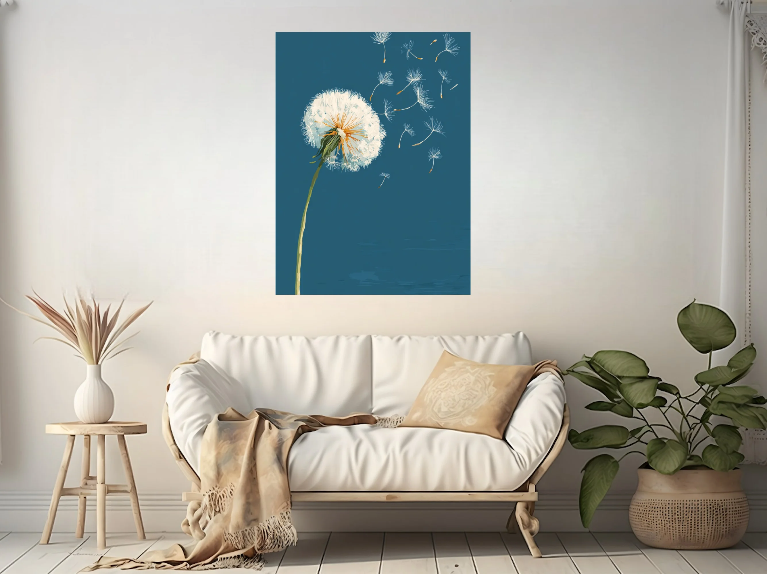 Graphic-style dandelion with seeds drifting on teal-blue background, golden accents