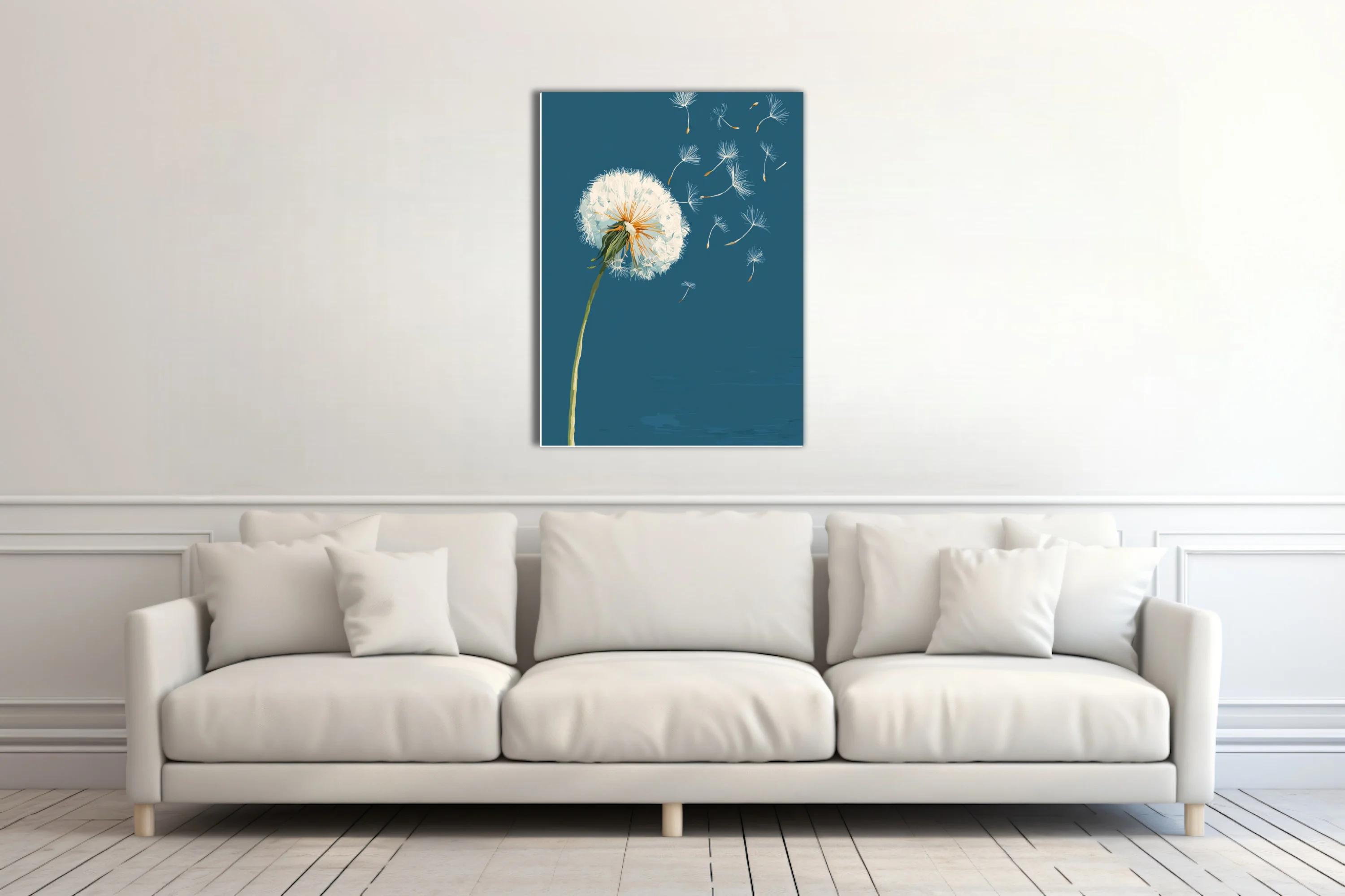 Graphic-style dandelion with seeds drifting on teal-blue background, golden accents