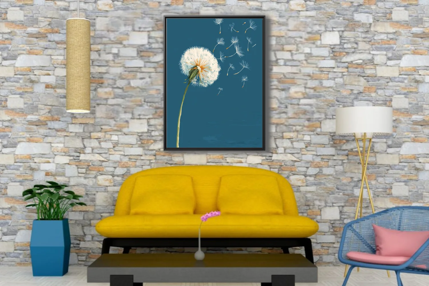 Graphic-style dandelion with seeds drifting on teal-blue background, golden accents