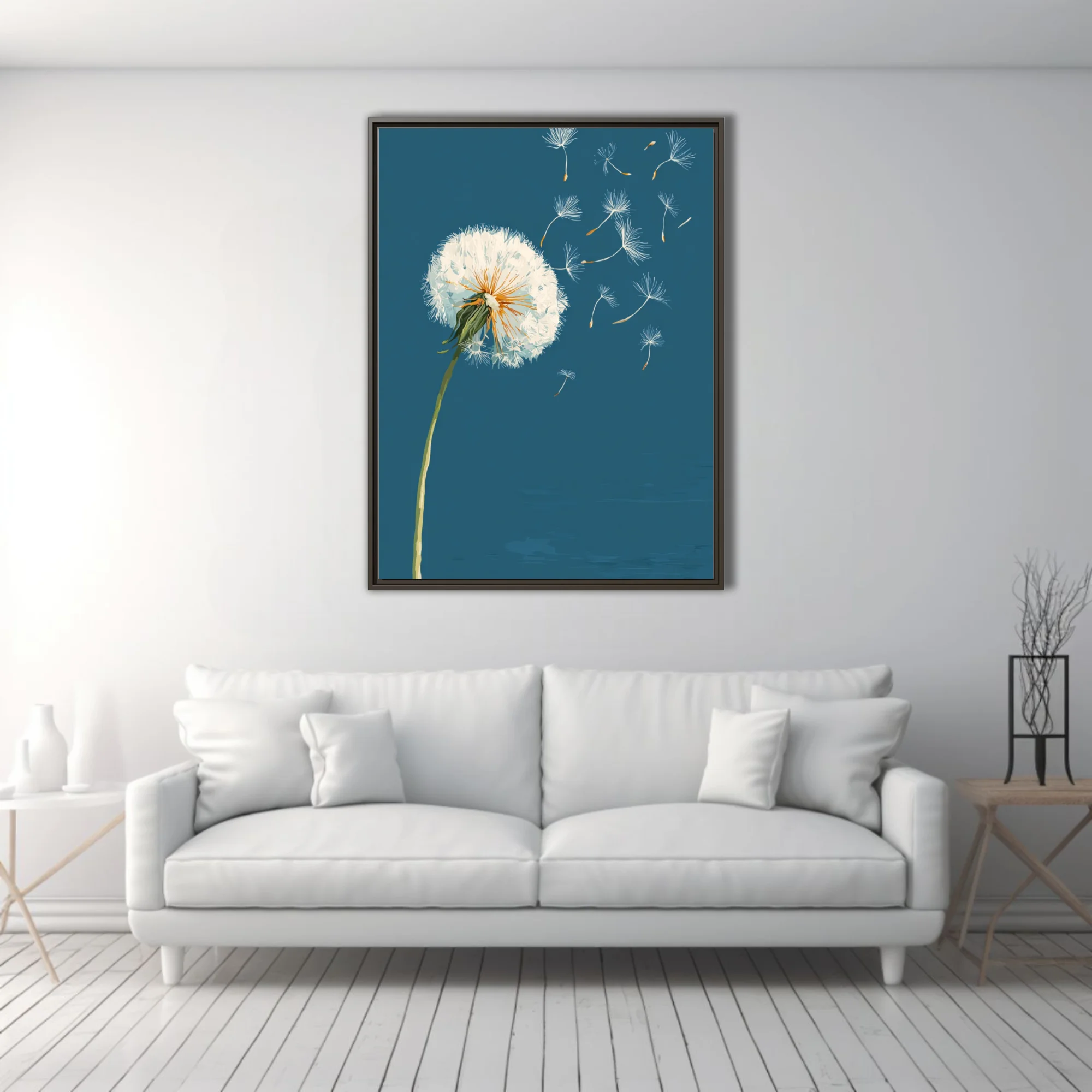 Graphic-style dandelion with seeds drifting on teal-blue background, golden accents