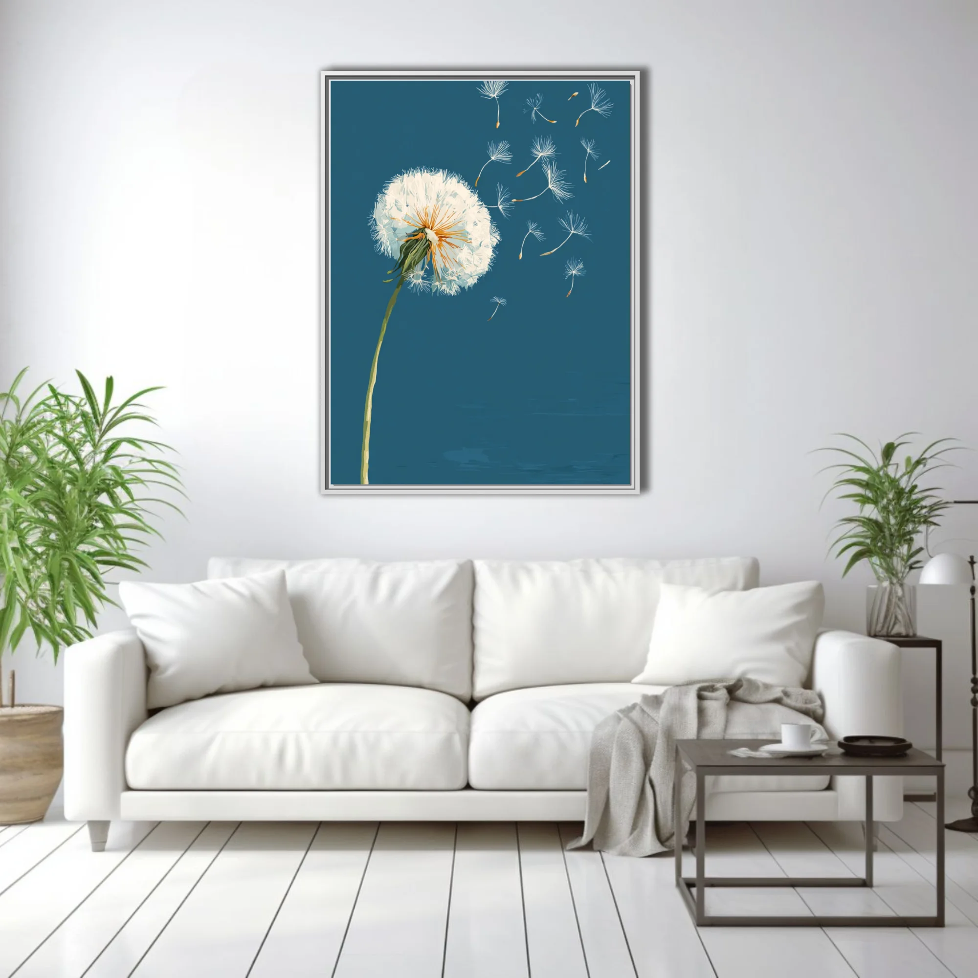 Graphic-style dandelion with seeds drifting on teal-blue background, golden accents
