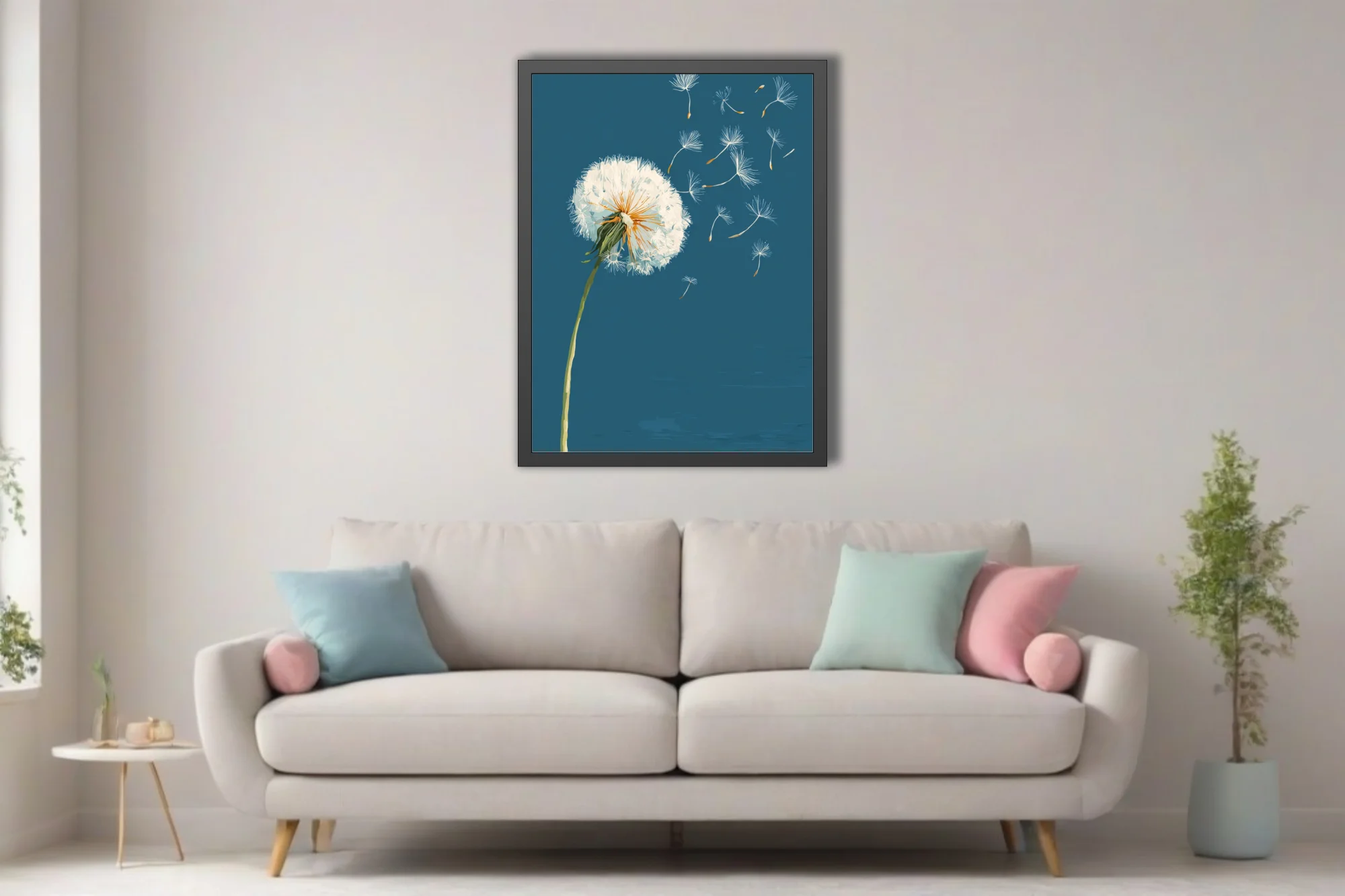 Graphic-style dandelion with seeds drifting on teal-blue background, golden accents