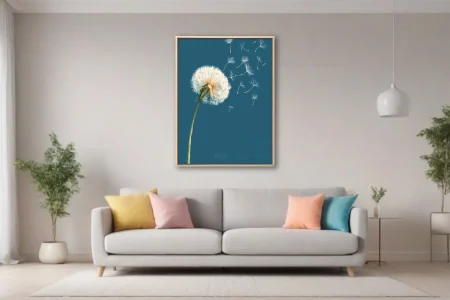 Graphic-style dandelion with seeds drifting on teal-blue background, golden accents