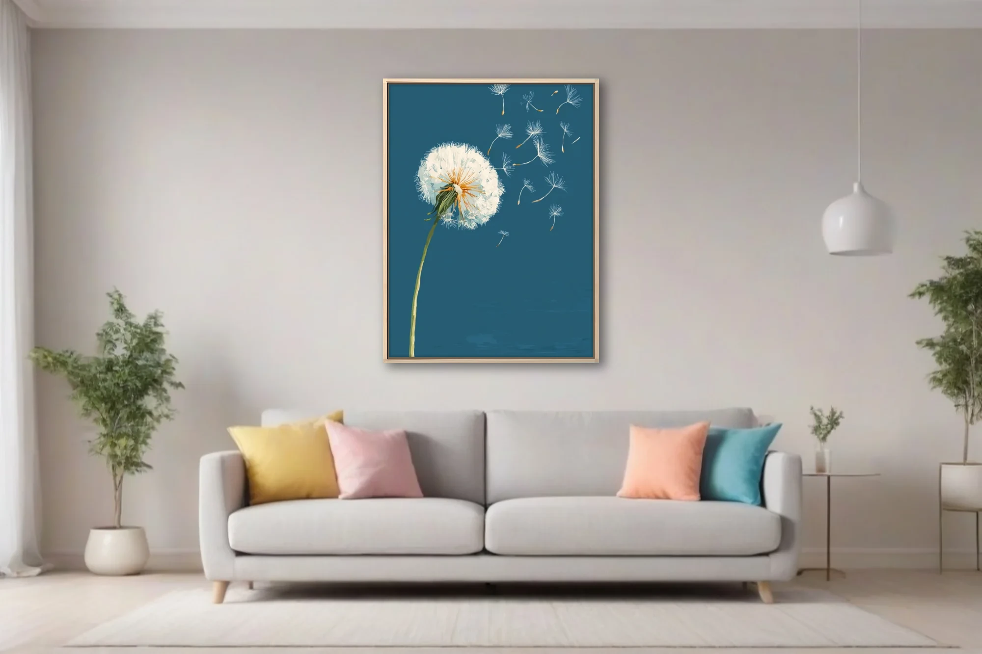 Graphic-style dandelion with seeds drifting on teal-blue background, golden accents