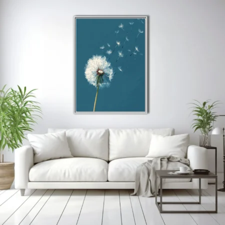 Minimalist dandelion illustration with seeds drifting on teal blue background